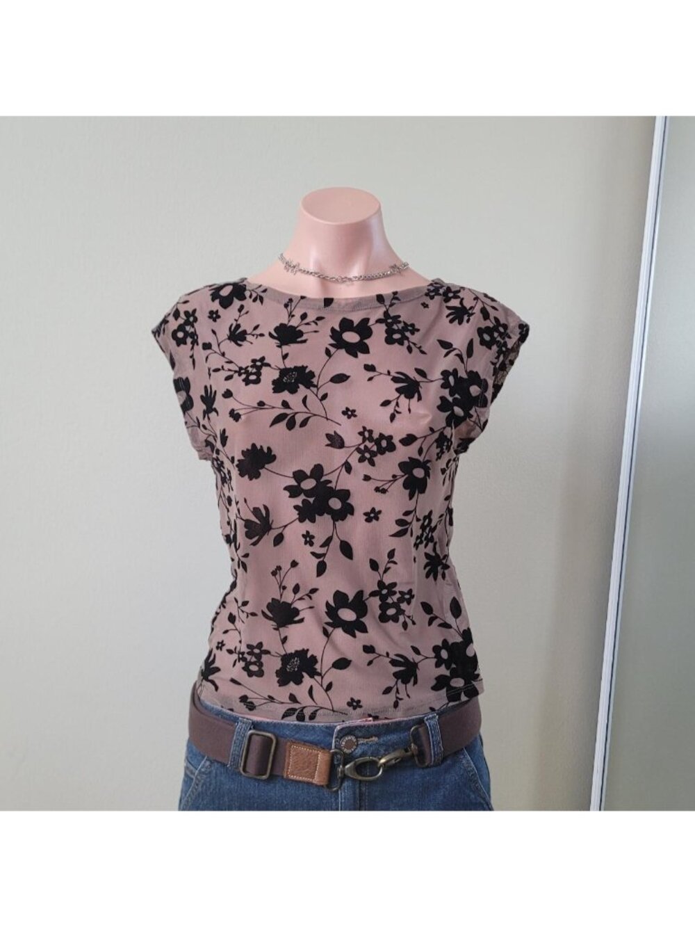 Street Society Earthy Floral Sheer Mesh See-Through Crop Tee (L)